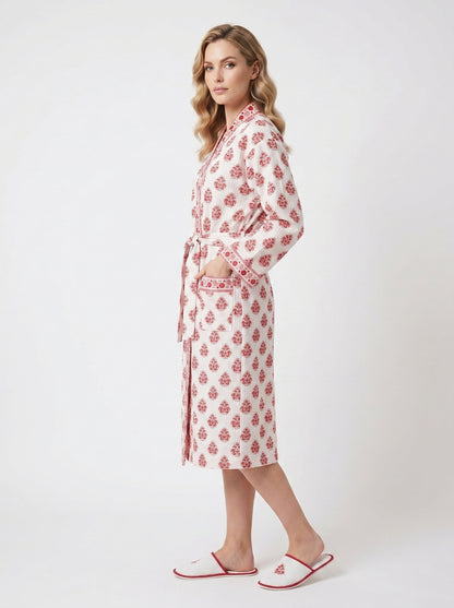 Red Crimson Bloom Petals Waffle Bathrobe – Luxury Spa Robe