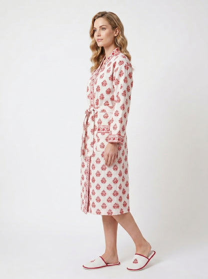 Red Crimson Bloom Petals Waffle Bathrobe – Luxury Spa Robe