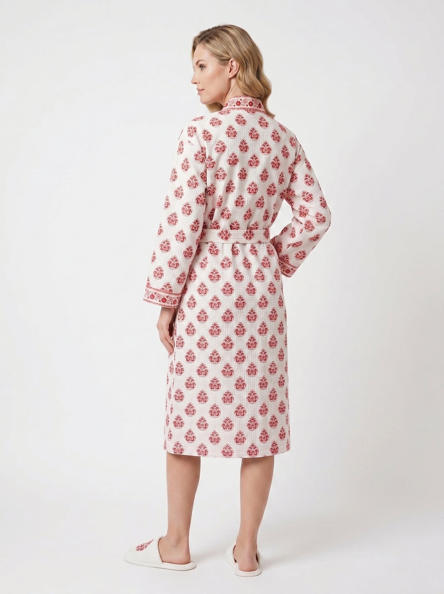 Red Crimson Bloom Petals Waffle Bathrobe – Luxury Spa Robe