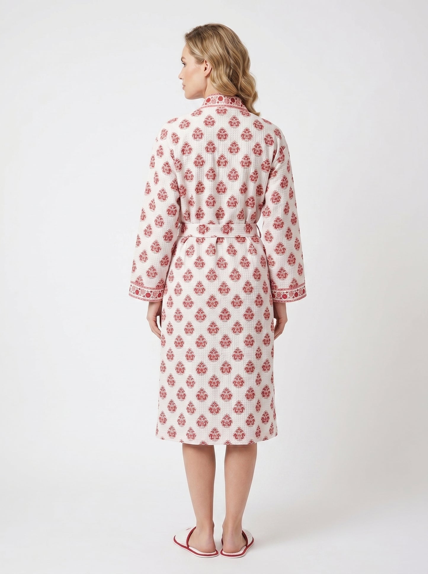 Red Crimson Bloom Petals Waffle Bathrobe – Luxury Spa Robe
