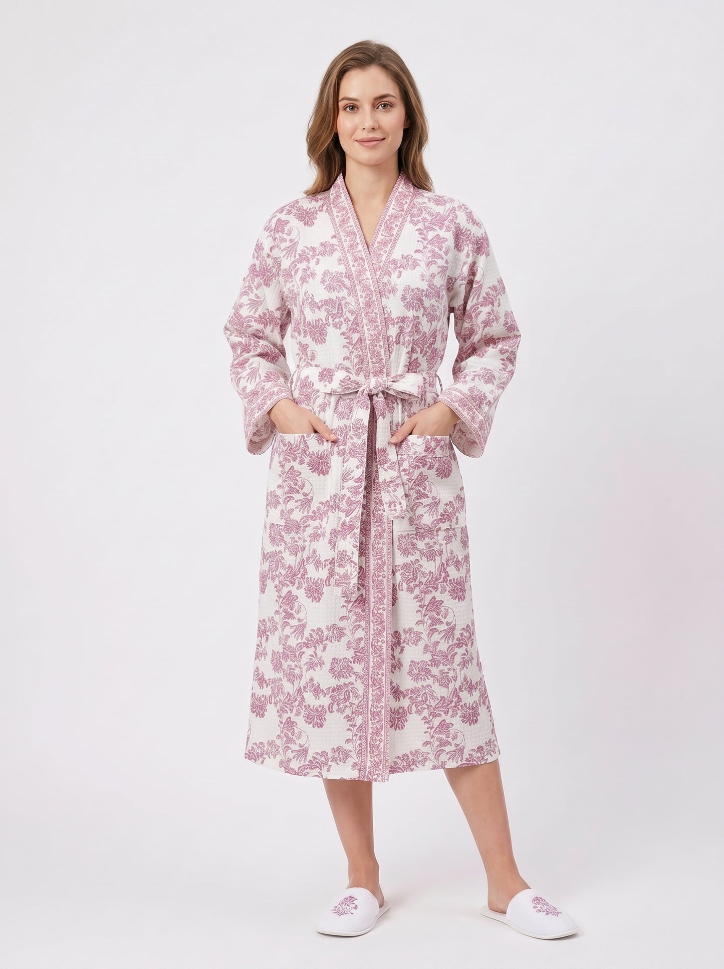 Rosewood Pink Vine Petals Waffle Bathrobe – Luxury Spa Robe