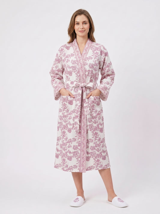 Rosewood Pink Vine Petals Waffle Bathrobe – Luxury Spa Robe