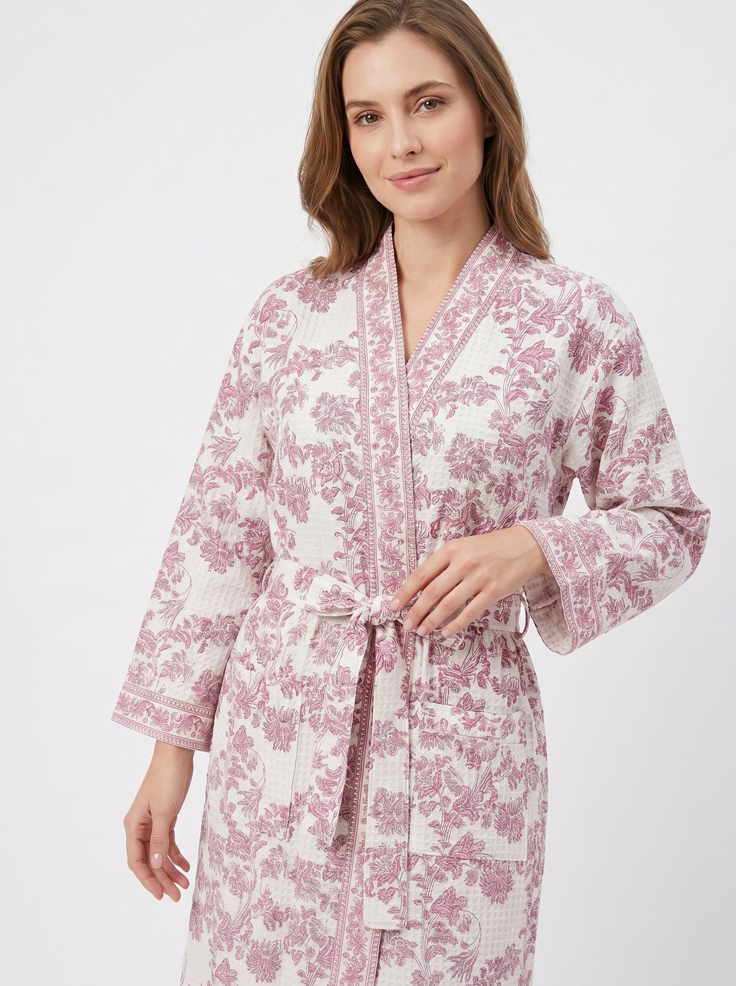 Rosewood Pink Vine Petals Waffle Bathrobe – Luxury Spa Robe