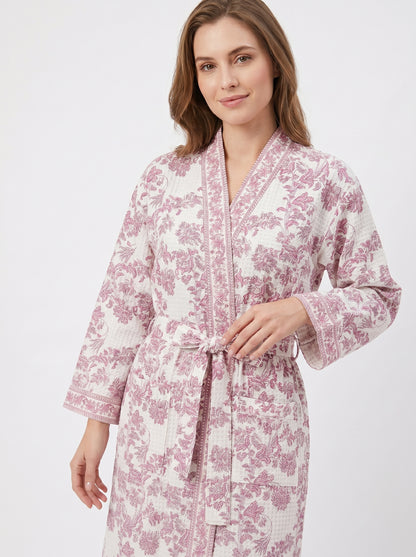 Rosewood Pink Vine Petals Waffle Bathrobe – Luxury Spa Robe