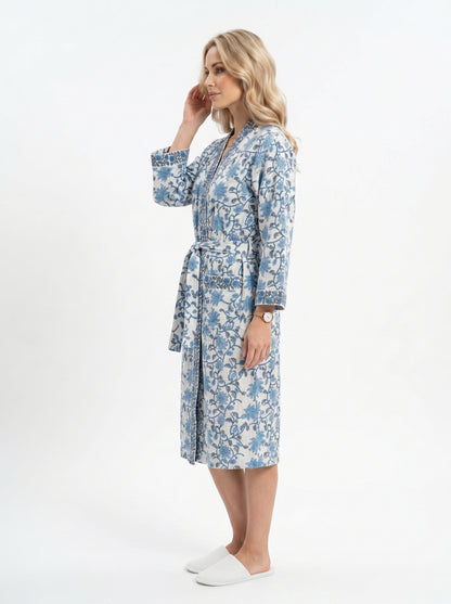 Blue Crimson Bloom Petals Waffle Bathrobe – Luxury Spa Robe