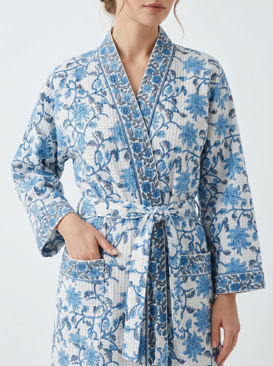 Blue Crimson Bloom Petals Waffle Bathrobe – Luxury Spa Robe