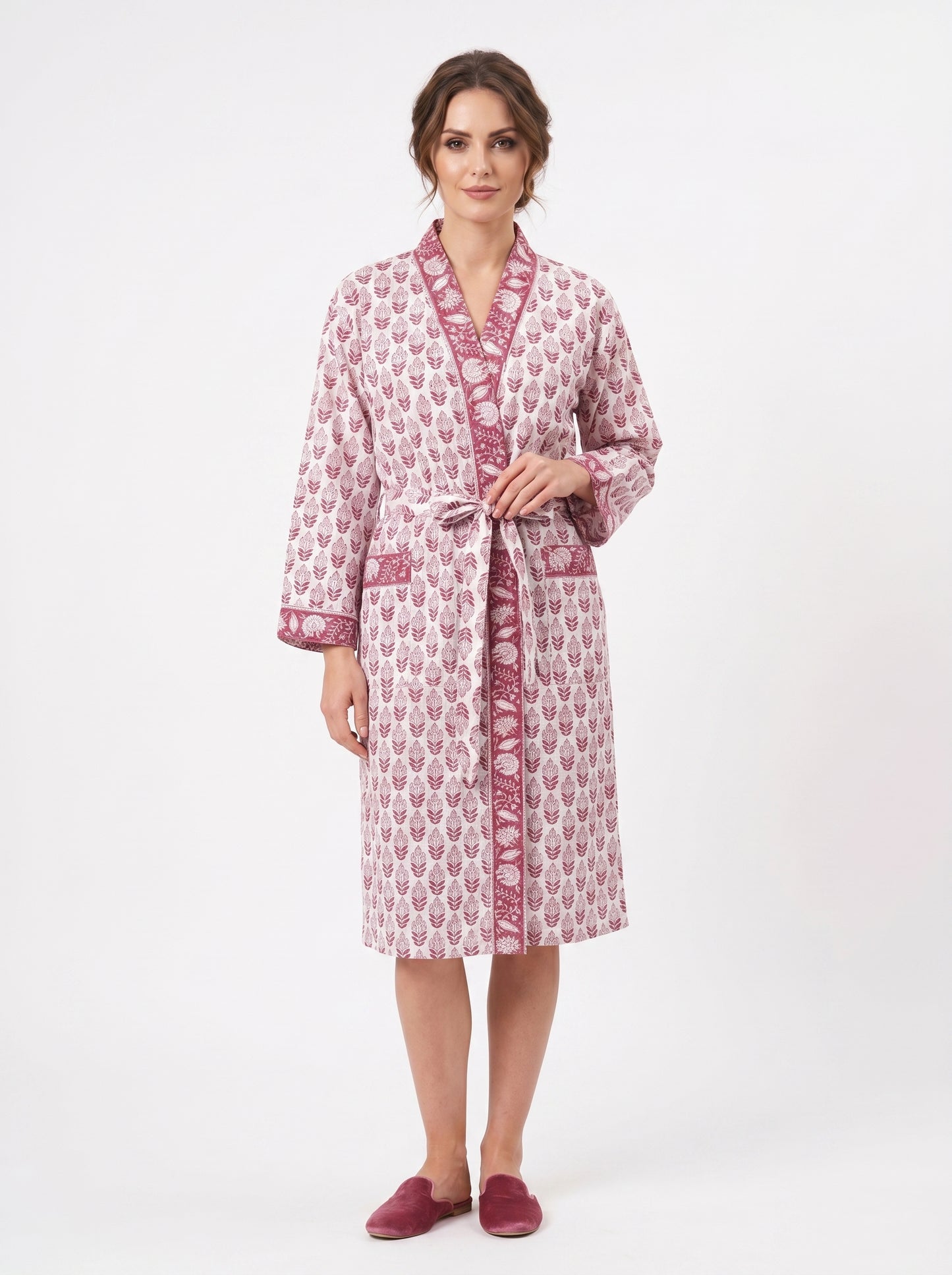 Blush Pink Mini Floral-2 Handblock Waffle Bathrobe – Luxury Spa Robe