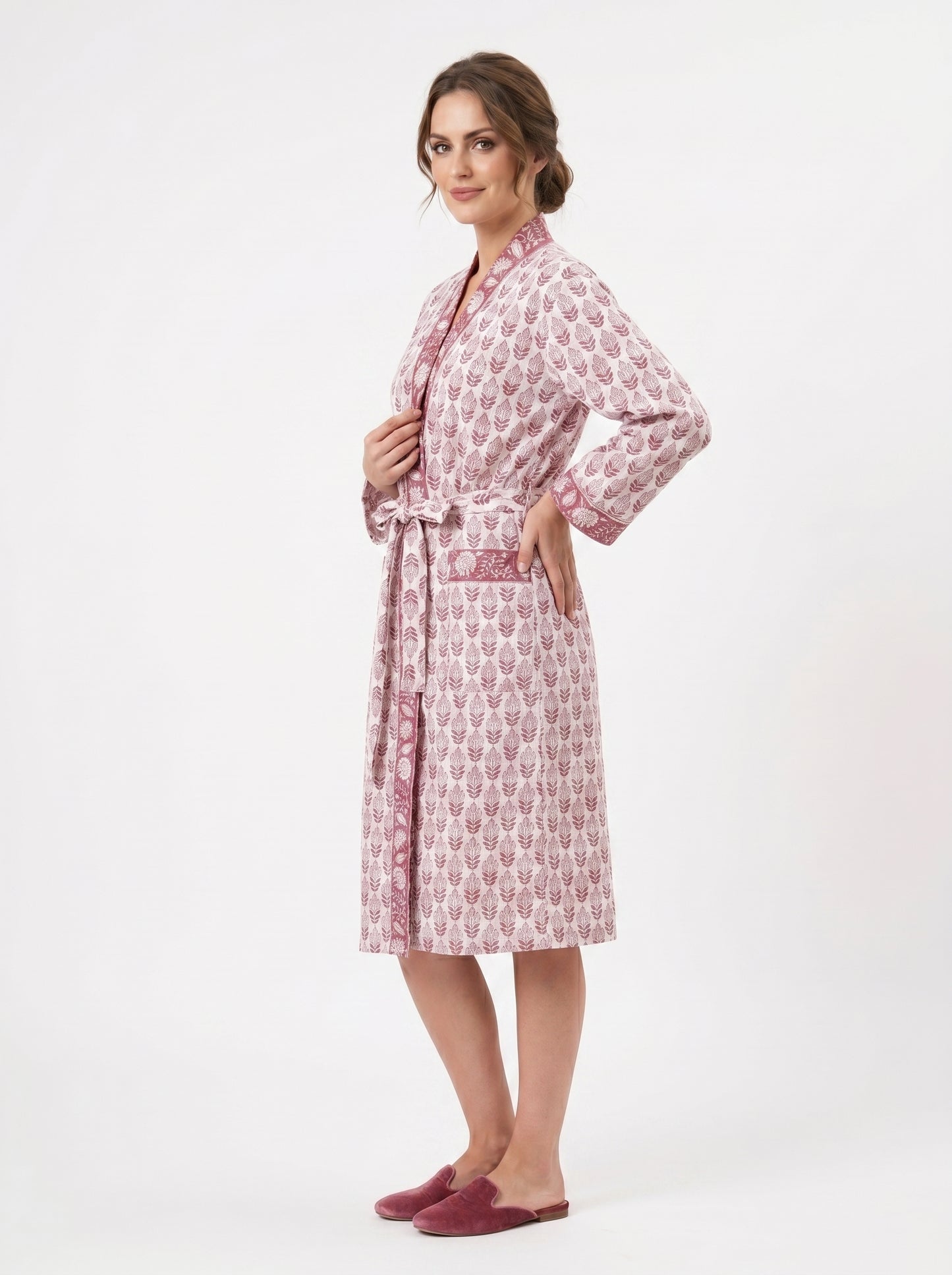Blush Pink Mini Floral-2 Handblock Waffle Bathrobe – Luxury Spa Robe