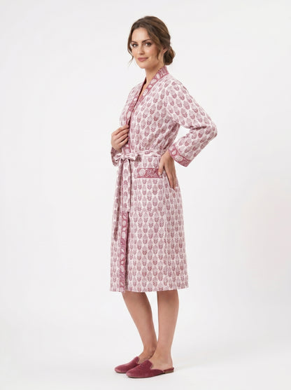 Blush Pink Mini Floral-2 Handblock Waffle Bathrobe – Luxury Spa Robe