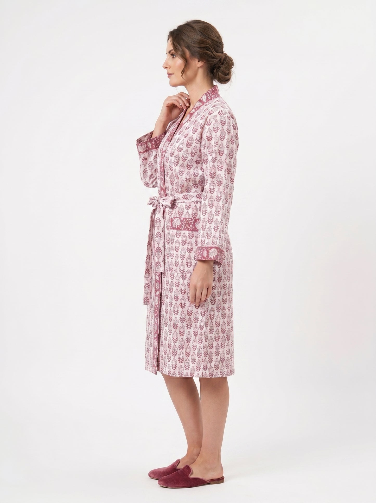 Blush Pink Mini Floral-2 Handblock Waffle Bathrobe – Luxury Spa Robe
