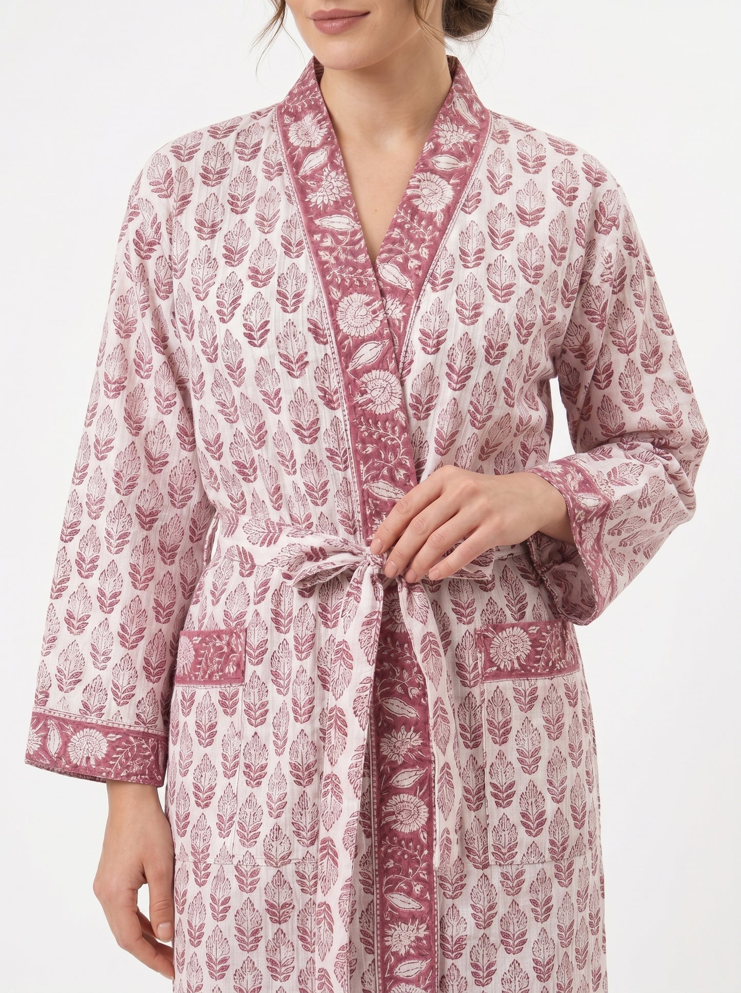 Blush Pink Mini Floral-2 Handblock Waffle Bathrobe – Luxury Spa Robe