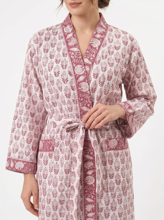 Blush Pink Mini Floral-2 Handblock Waffle Bathrobe – Luxury Spa Robe