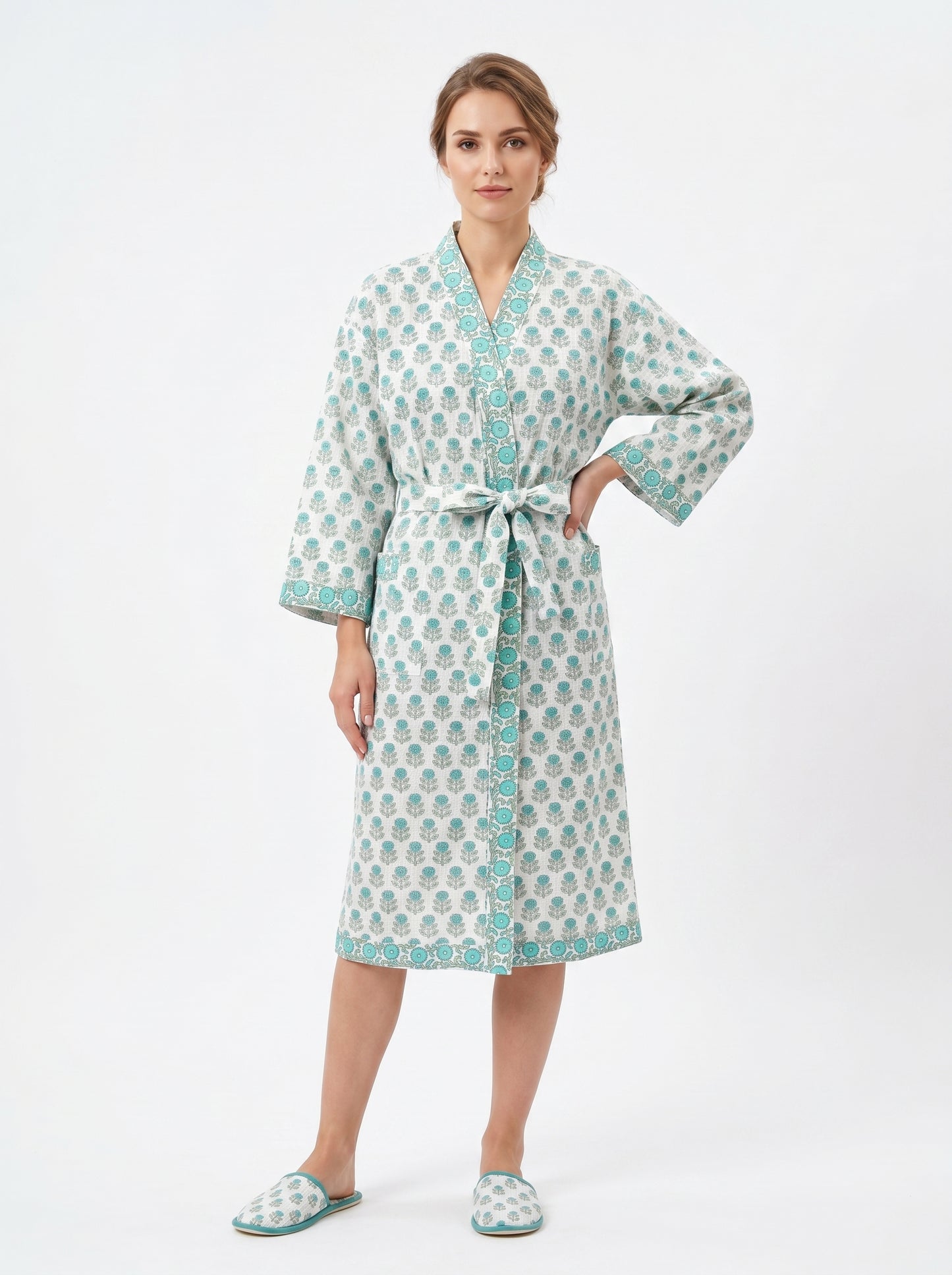 Teal Blue Mini Floral Waffle Bathrobe – Luxury Spa Robe