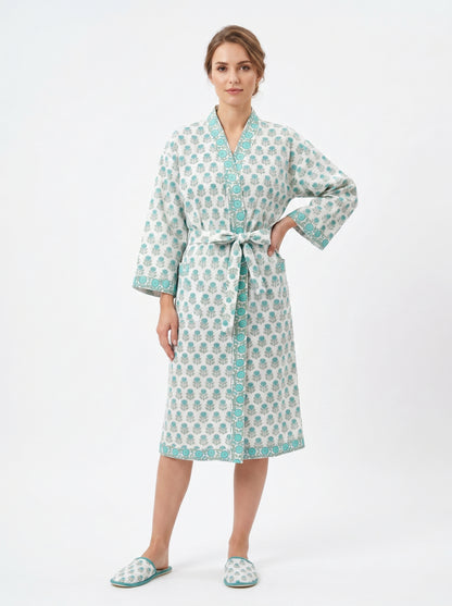 Teal Blue Mini Floral Waffle Bathrobe – Luxury Spa Robe