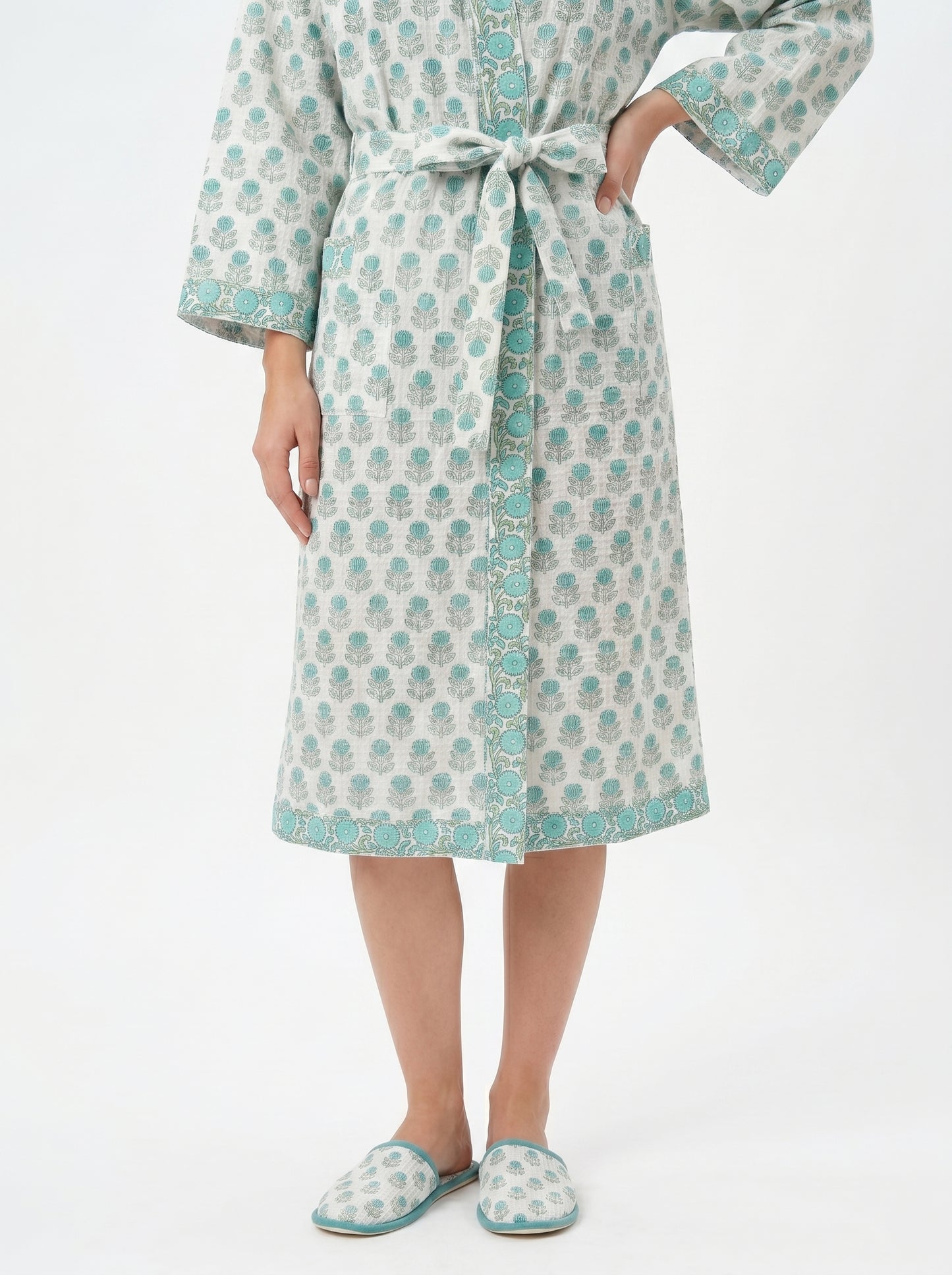 Teal Blue Mini Floral Waffle Bathrobe – Luxury Spa Robe