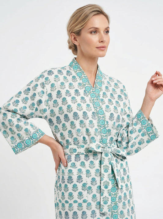 Teal Blue Mini Floral Waffle Bathrobe – Luxury Spa Robe