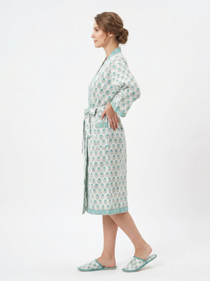 Teal Blue Mini Floral Waffle Bathrobe – Luxury Spa Robe