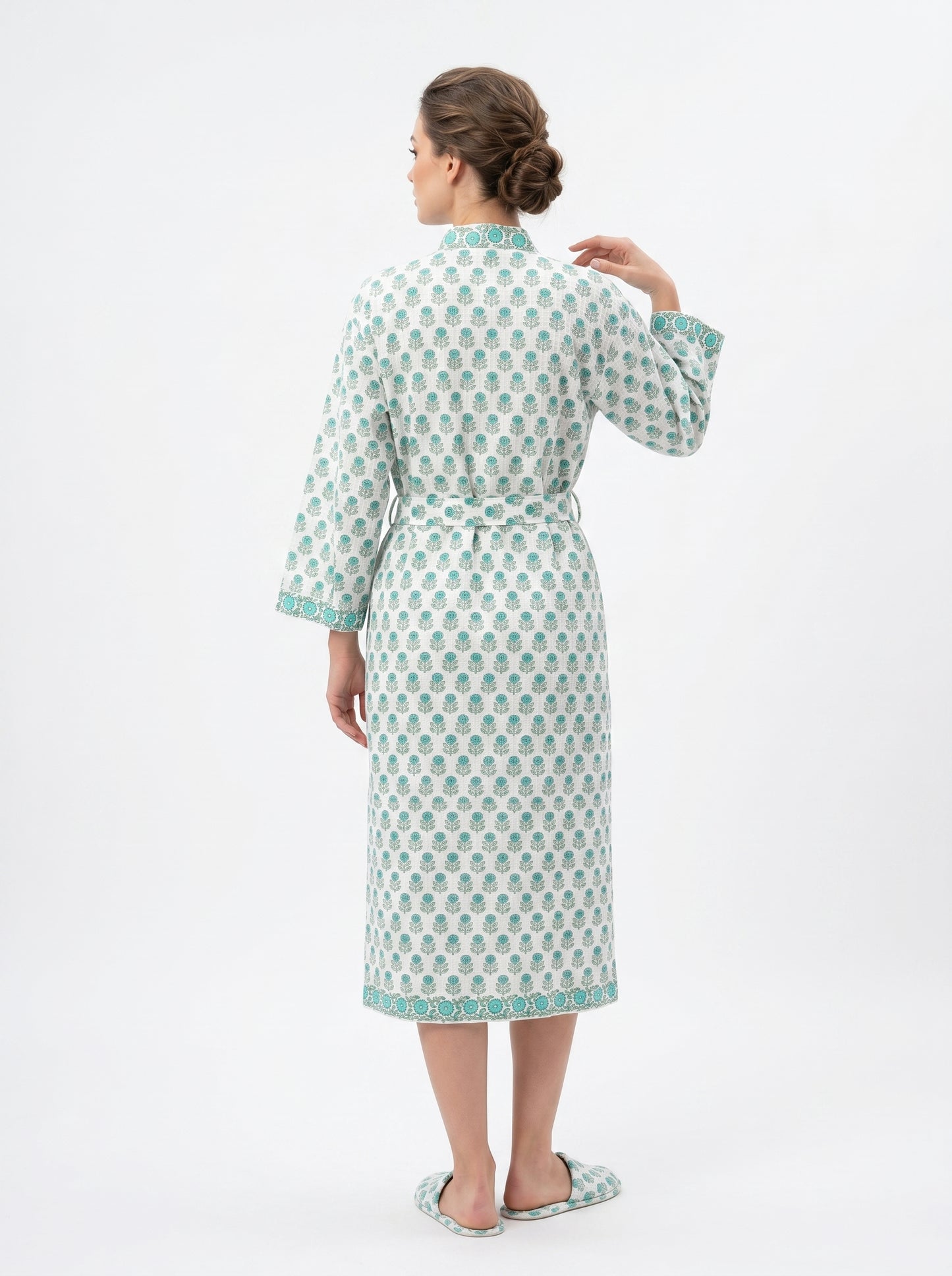 Teal Blue Mini Floral Waffle Bathrobe – Luxury Spa Robe