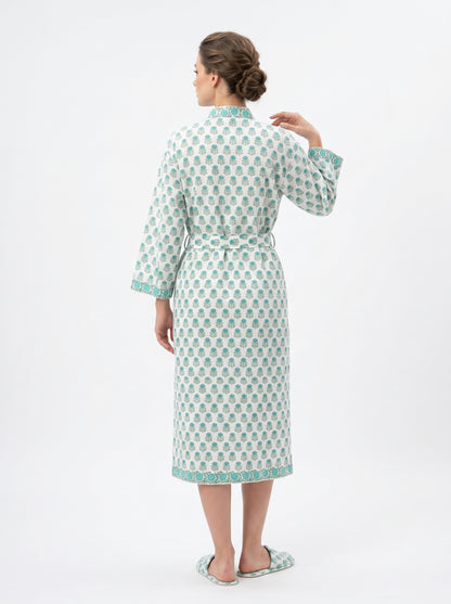 Teal Blue Mini Floral Waffle Bathrobe – Luxury Spa Robe