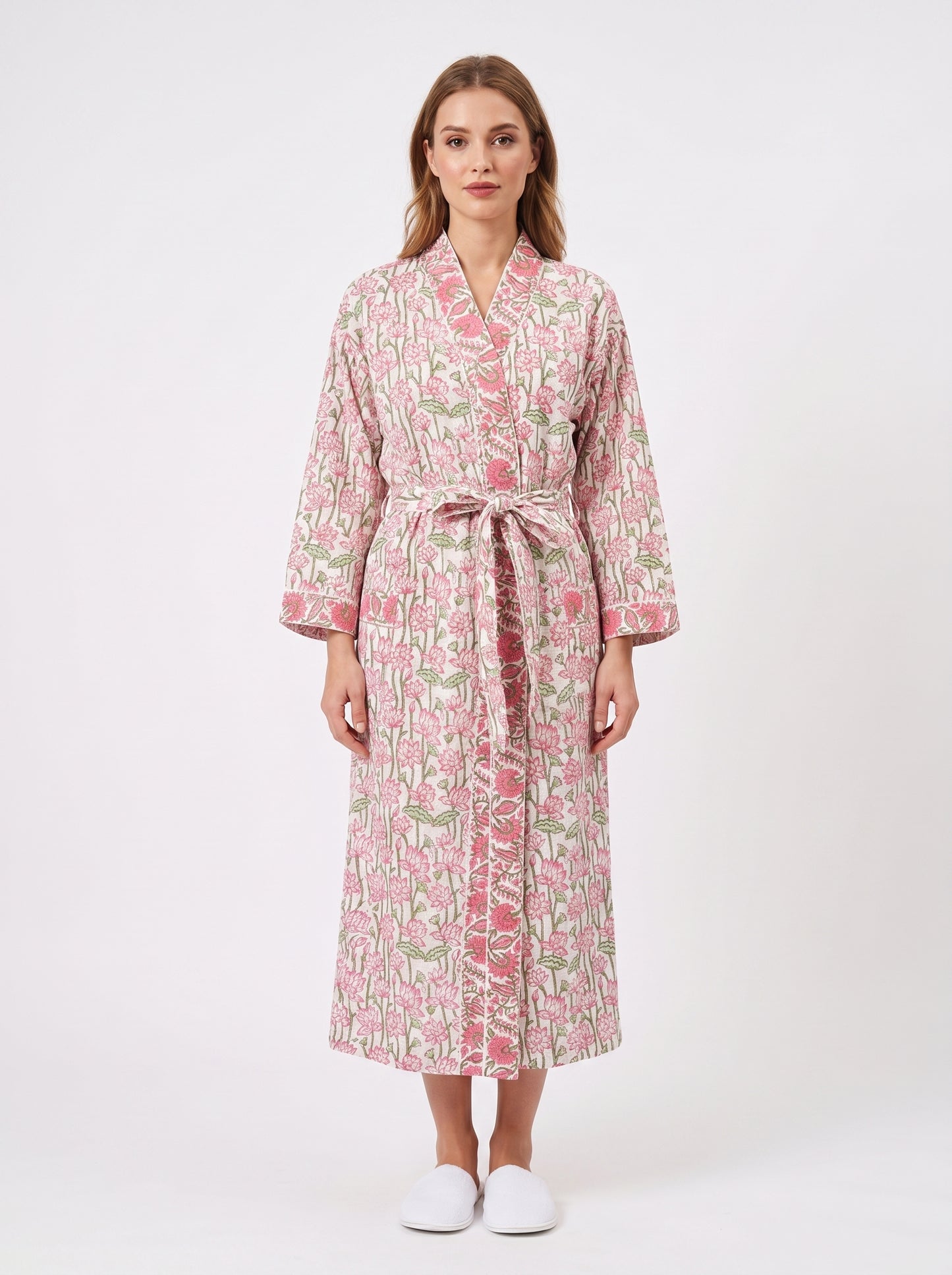 Pink Garden Floral Cotton Waffle Bathrobe – Luxury Spa Robe
