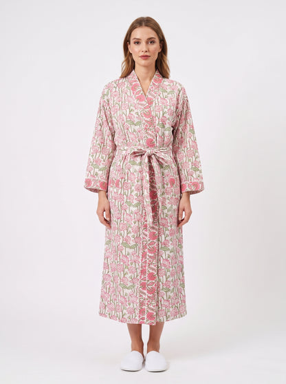 Pink Garden Floral Cotton Waffle Bathrobe – Luxury Spa Robe