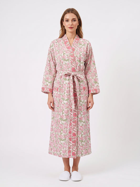 Pink Garden Floral Cotton Waffle Bathrobe – Luxury Spa Robe