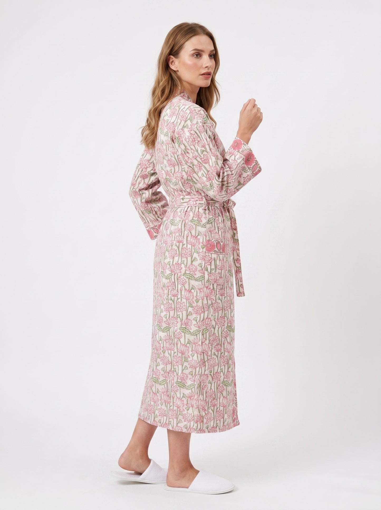 Pink Garden Floral Cotton Waffle Bathrobe – Luxury Spa Robe