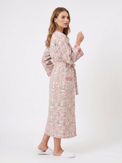 Pink Garden Floral Cotton Waffle Bathrobe – Luxury Spa Robe
