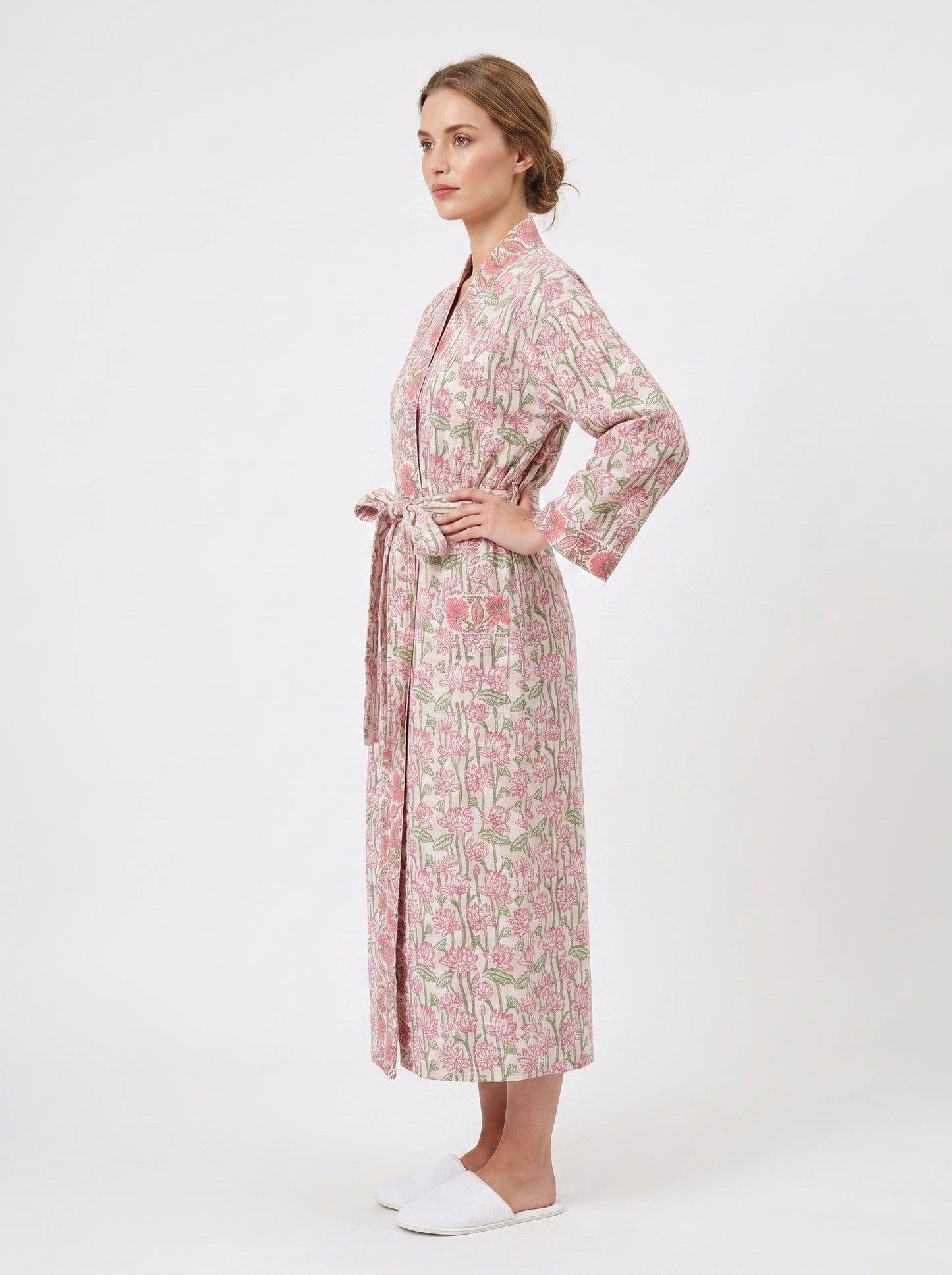 Pink Garden Floral Cotton Waffle Bathrobe – Luxury Spa Robe