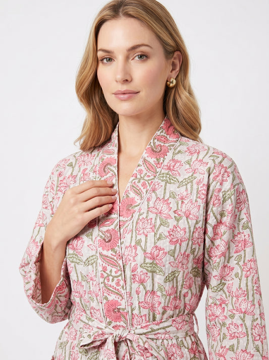 Pink Garden Floral Cotton Waffle Bathrobe – Luxury Spa Robe