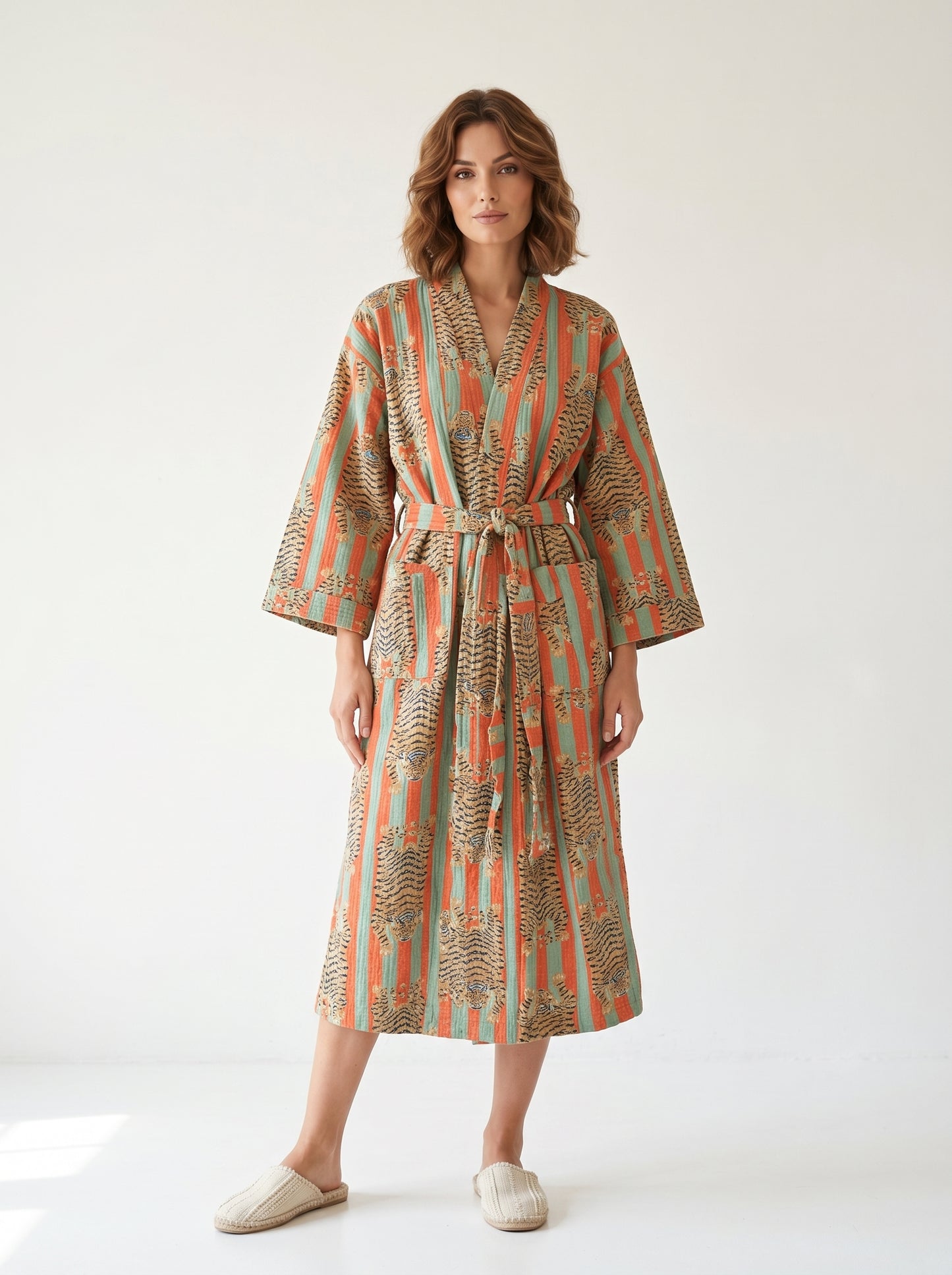 Bold Orange & Green Stripe Tiger Waffle Bathrobe – Luxury Spa Robe