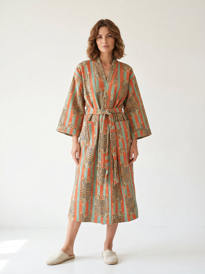 Bold Orange & Green Stripe Tiger Waffle Bathrobe – Luxury Spa Robe