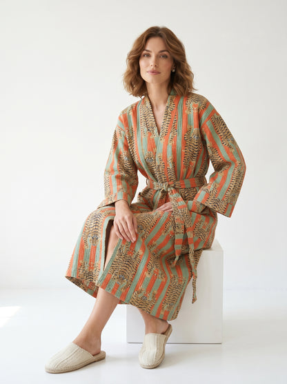 Bold Orange & Green Stripe Tiger Waffle Bathrobe – Luxury Spa Robe