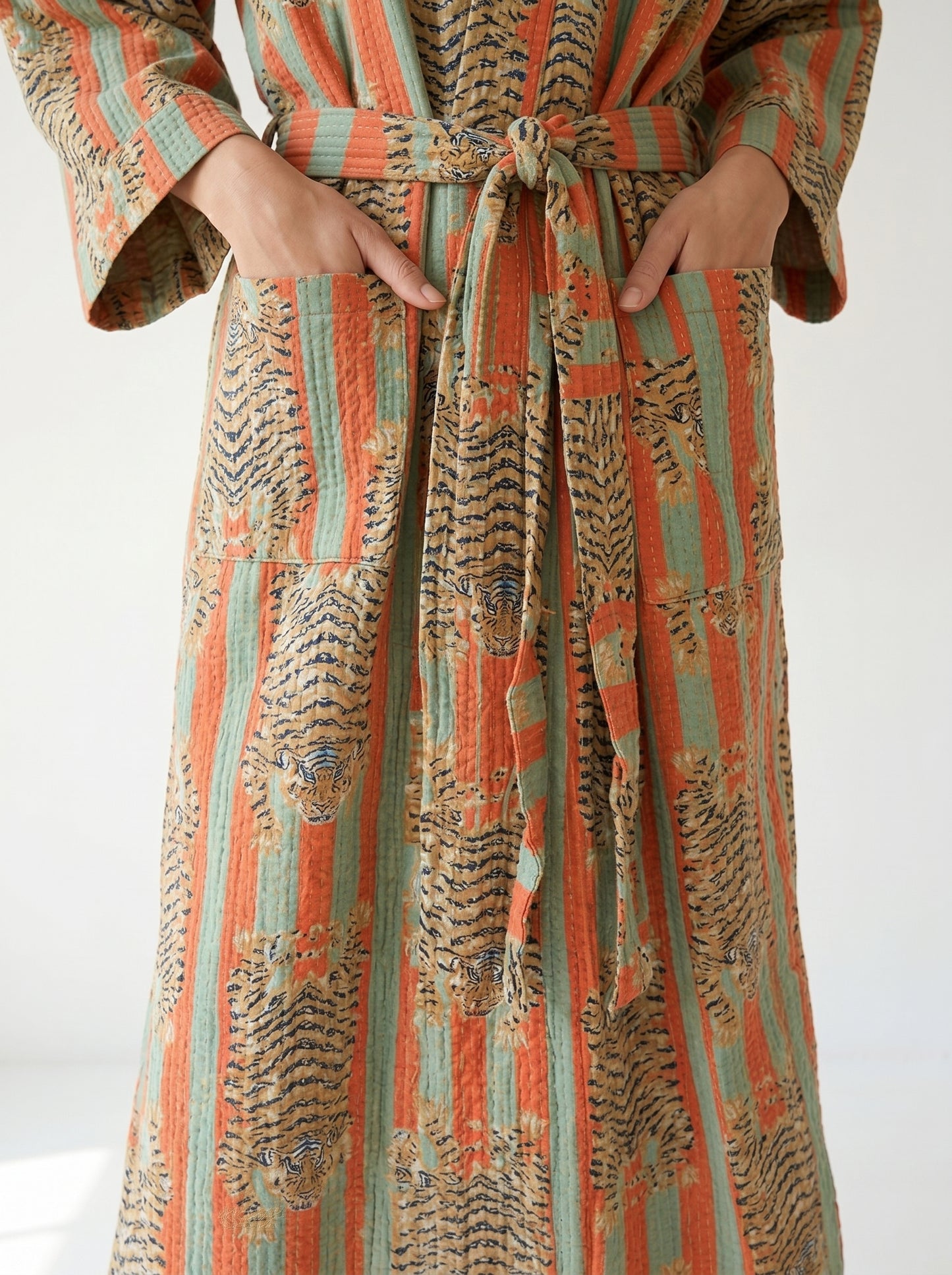 Bold Orange & Green Stripe Tiger Waffle Bathrobe – Luxury Spa Robe