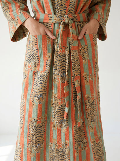 Bold Orange & Green Stripe Tiger Waffle Bathrobe – Luxury Spa Robe