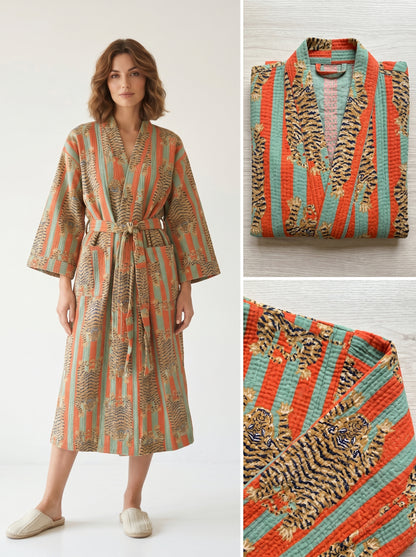 Bold Orange & Green Stripe Tiger Waffle Bathrobe – Luxury Spa Robe