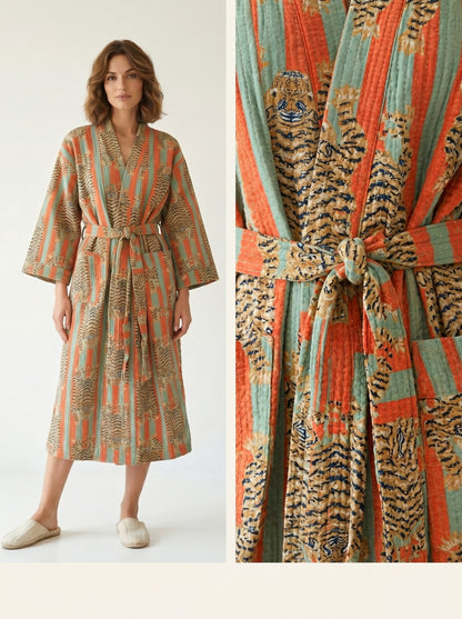 Bold Orange & Green Stripe Tiger Waffle Bathrobe – Luxury Spa Robe