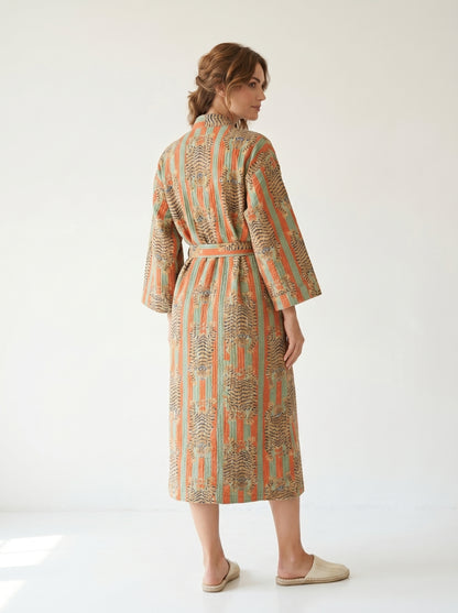 Bold Orange & Green Stripe Tiger Waffle Bathrobe – Luxury Spa Robe