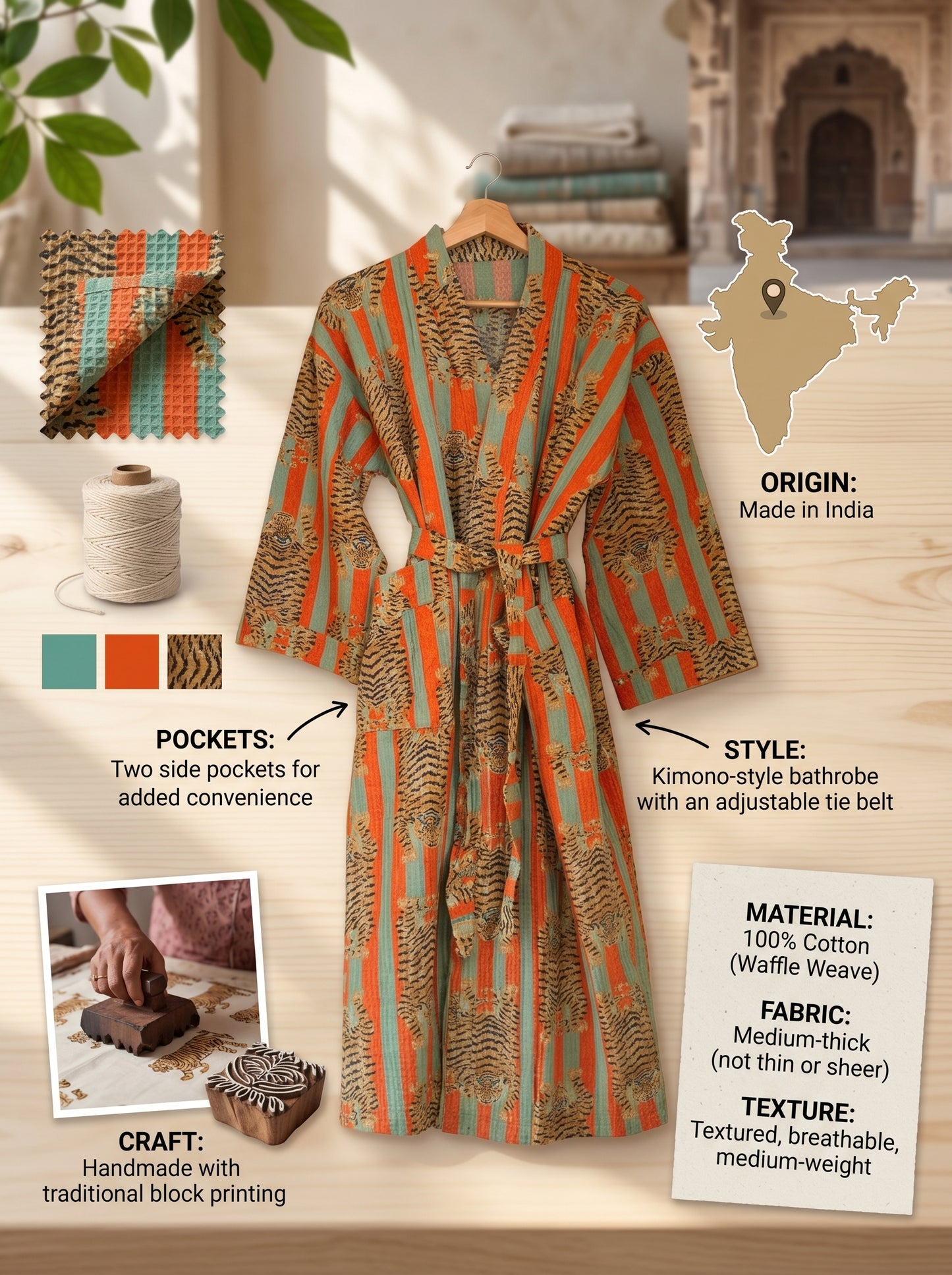 Bold Orange & Green Stripe Tiger Waffle Bathrobe – Luxury Spa Robe