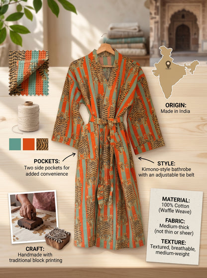 Bold Orange & Green Stripe Tiger Waffle Bathrobe – Luxury Spa Robe