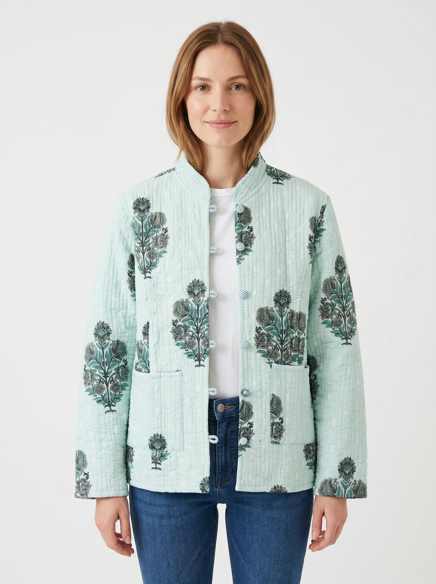 Minty Green Bloom - – Long Cotton Quilted Reversible Jacket