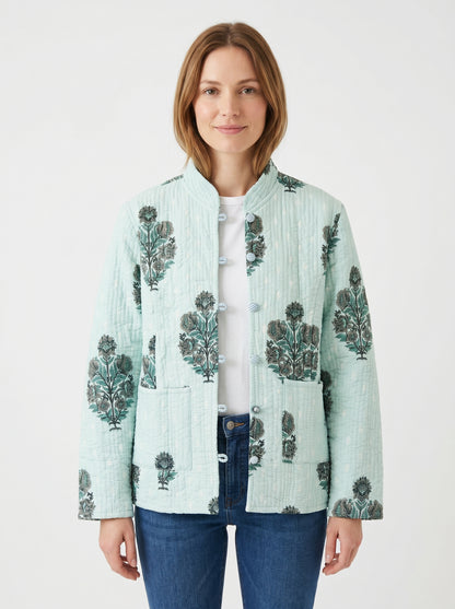 Minty Green Bloom - – Long Cotton Quilted Reversible Jacket