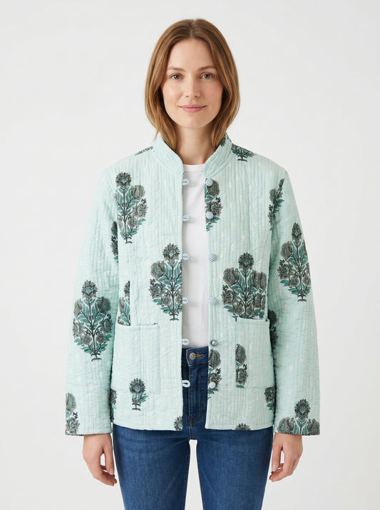 Minty Green Bloom - – Long Cotton Quilted Reversible Jacket
