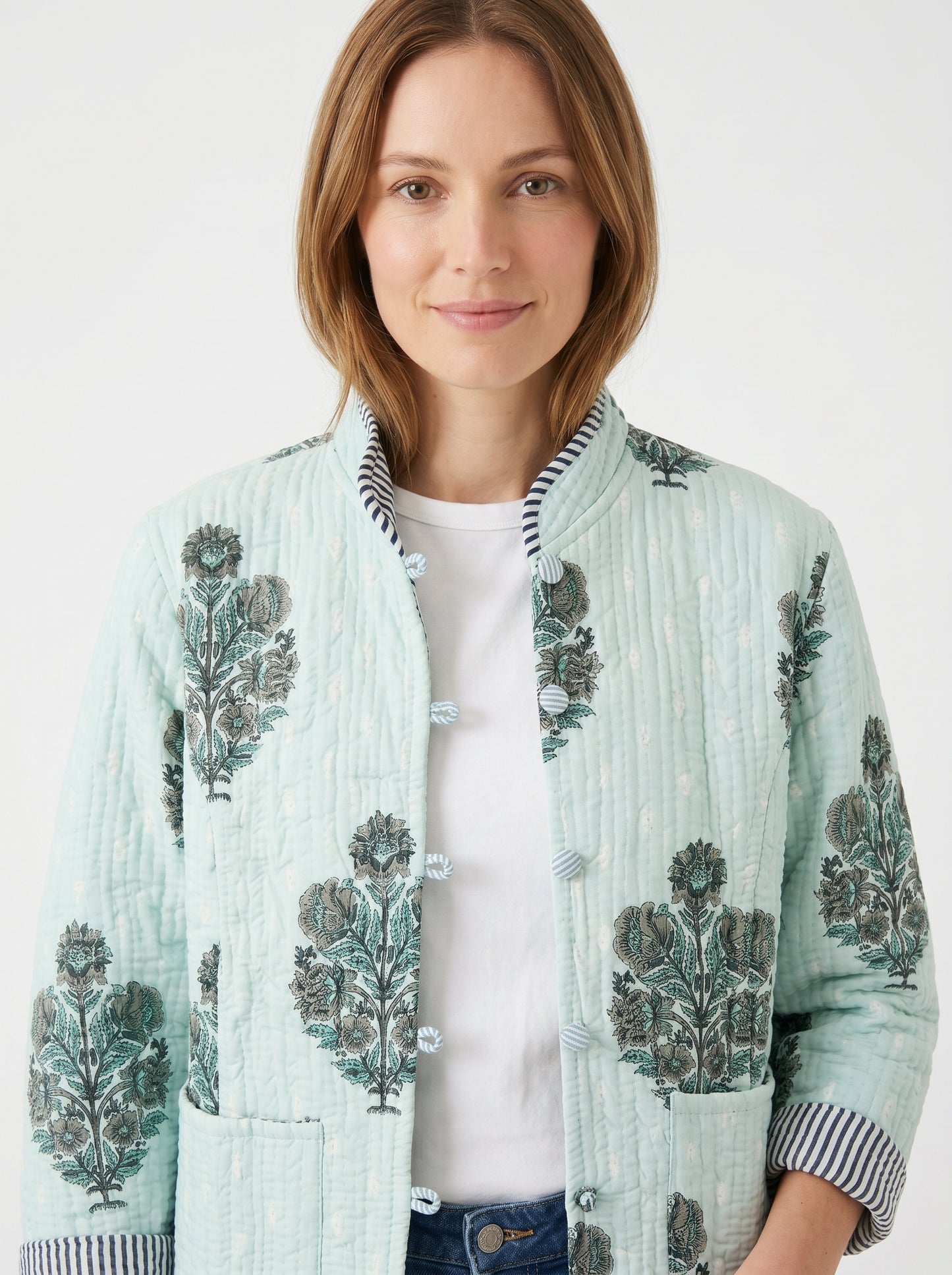 Minty Green Bloom - – Long Cotton Quilted Reversible Jacket