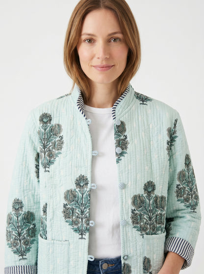 Minty Green Bloom - – Long Cotton Quilted Reversible Jacket