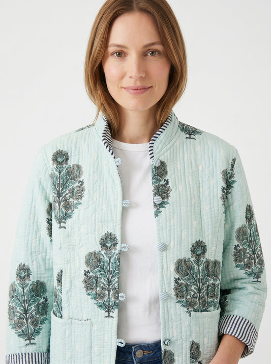 Minty Green Bloom - – Long Cotton Quilted Reversible Jacket