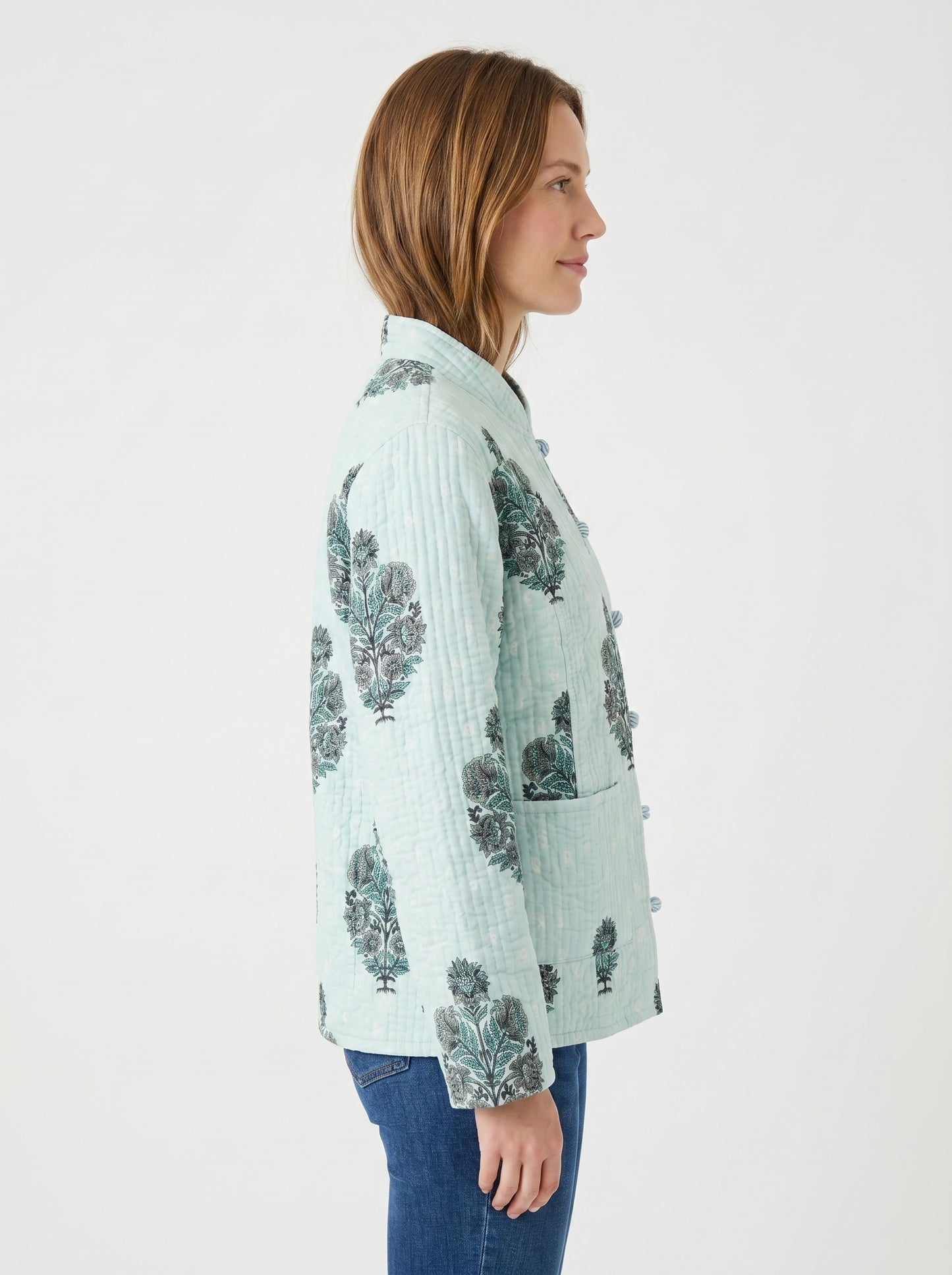 Minty Green Bloom - – Long Cotton Quilted Reversible Jacket