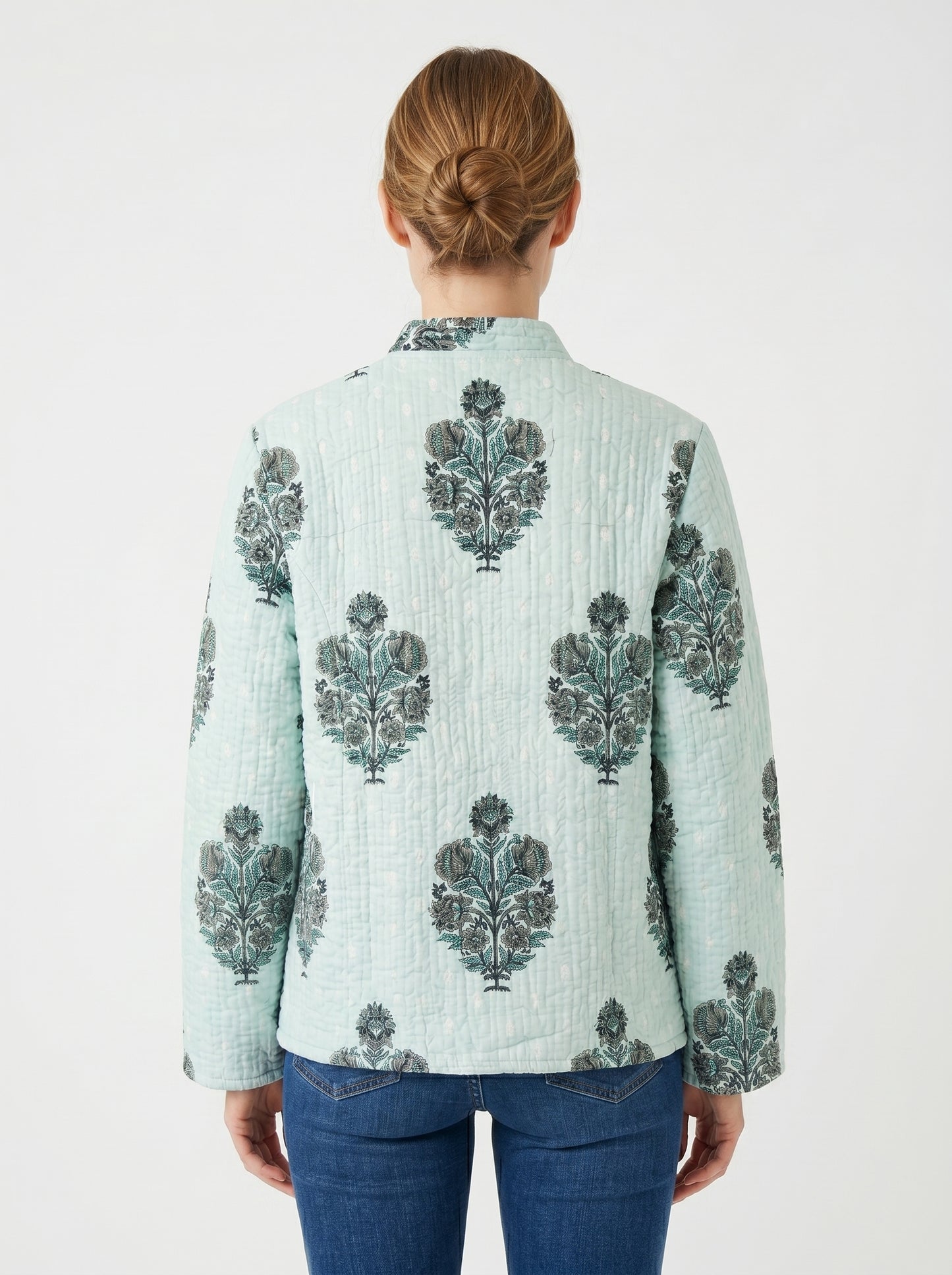 Minty Green Bloom - – Long Cotton Quilted Reversible Jacket