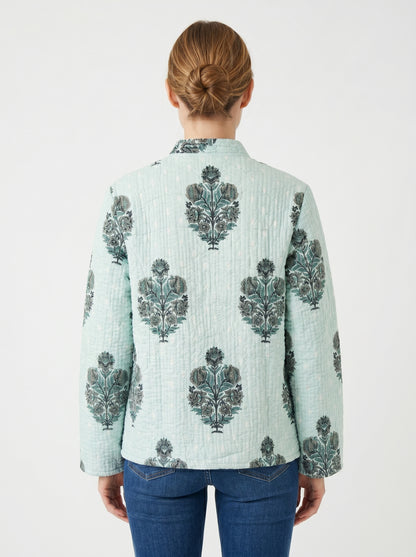 Minty Green Bloom - – Long Cotton Quilted Reversible Jacket