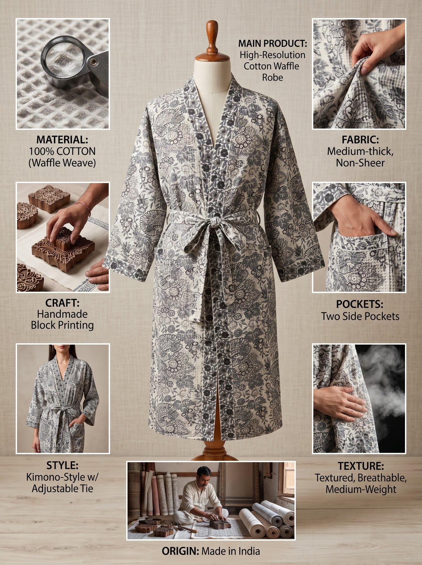 Smoked Grey Vine Petals Waffle Bathrobe – Luxury Spa Robe